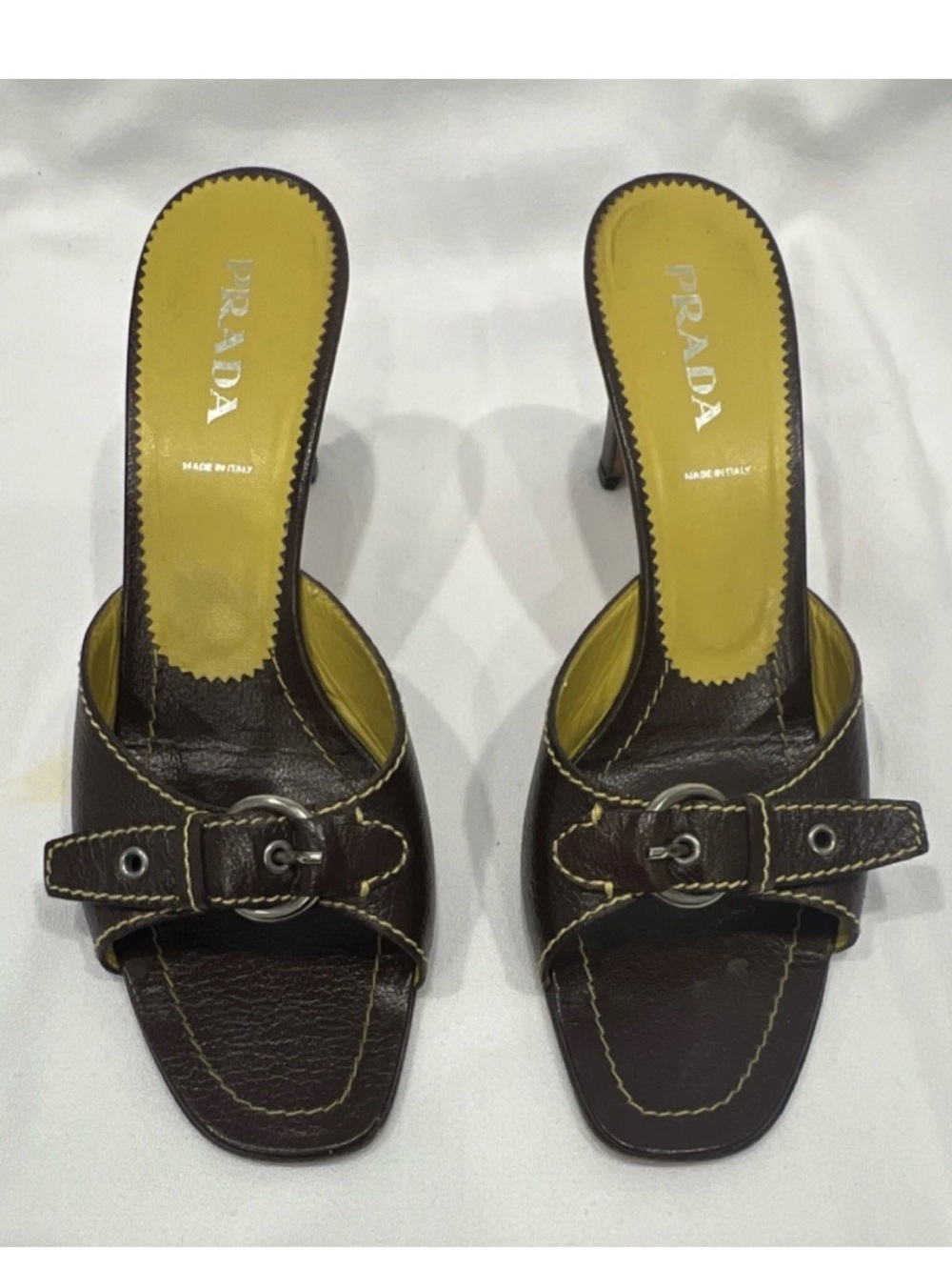 PRADA Brown Yellow Buckle Leather Slip on Mule Heel EU 39